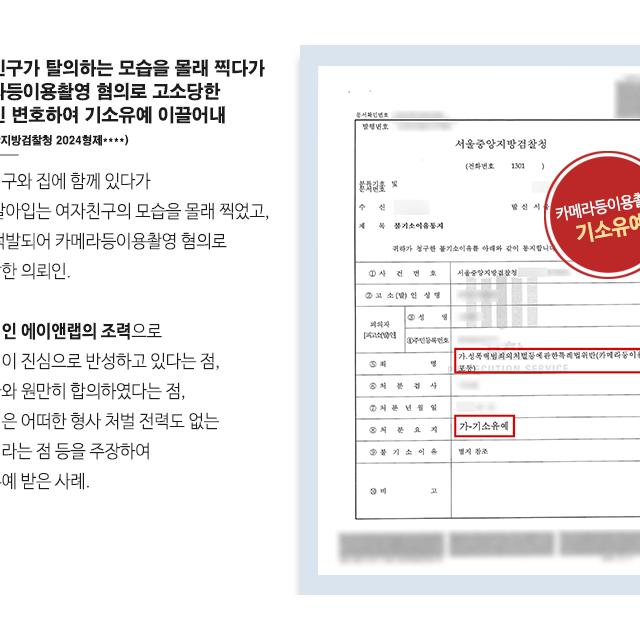 여자친구가 탈의하는 모습을 몰래 찍다가 카메라등이용촬영 혐의로 고소당한 의뢰인 변호하여 기소유예 이끌어내